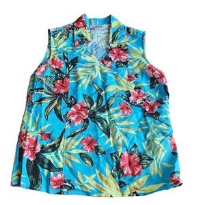 Vintage versailles womens Sz10 blue multicolor floral Hawaiian shirt linen blend